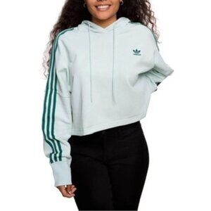 ADIDAS Women's Cropped Hoodie Classic Stripes Off White Green trim Size Small